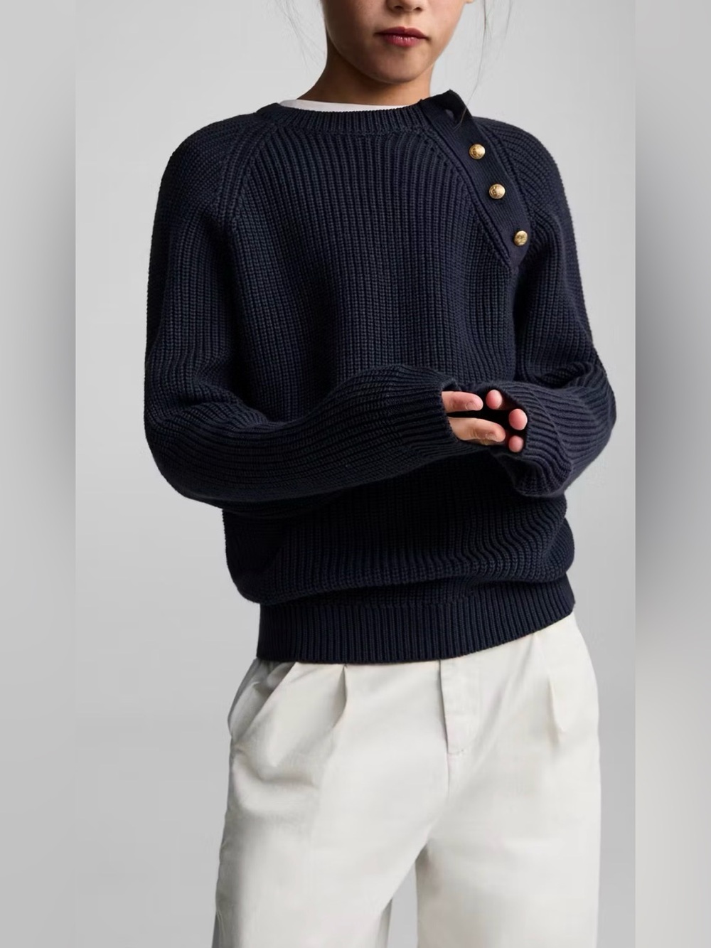 Mango Girls Navy Knit Sweater with Gold Buttons Detail (Size: 11-12)